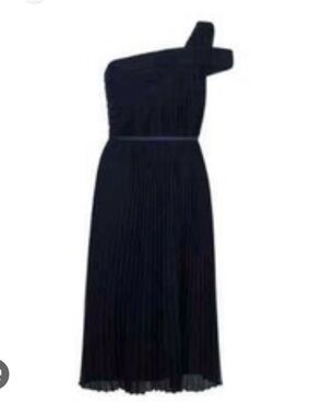 Asymmetrical One-Shoulder Navy Pleated Midi Dress